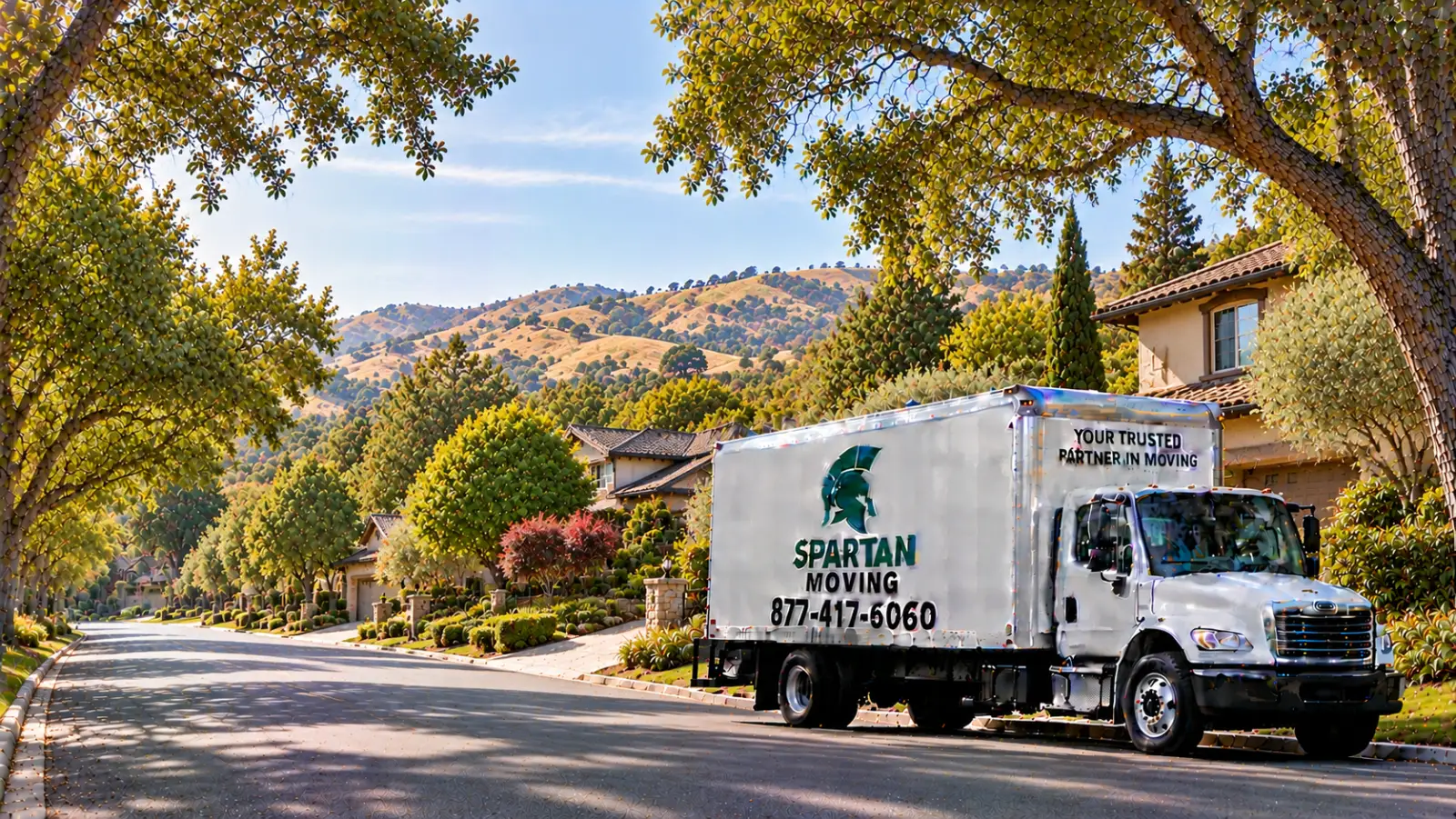 Spartan Moving truck parked on a residential street in Pleasanton