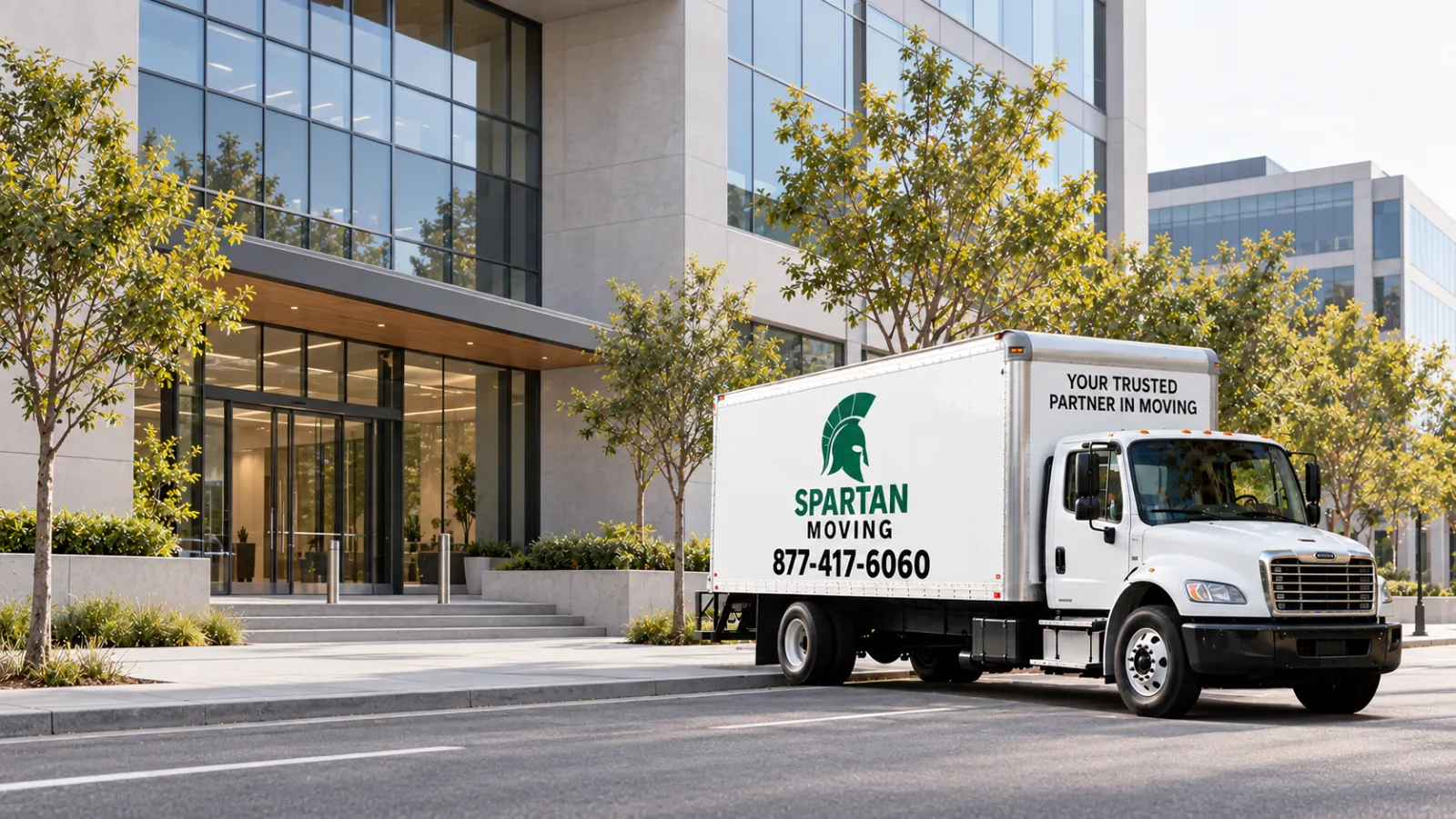 Spartan Moving truck parked outside a glass office building