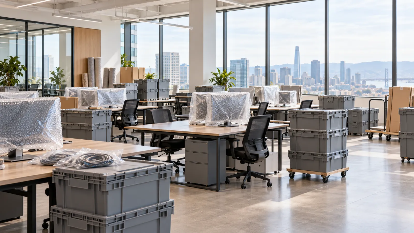 Office desks and computers wrapped in plastic and ready to move