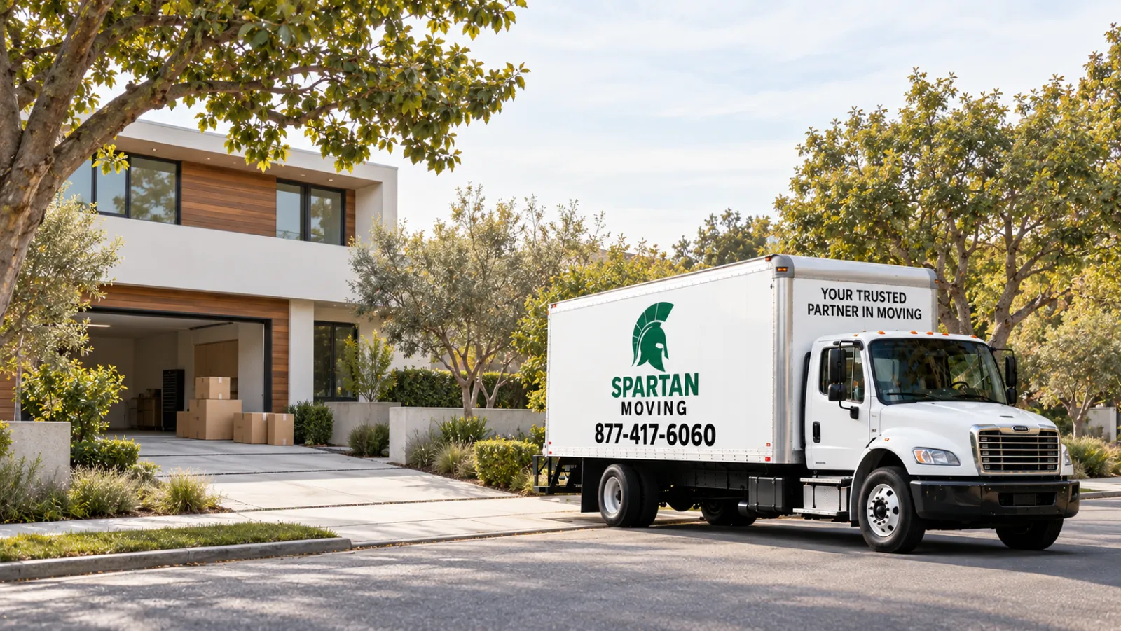 Spartan Moving truck parked in front of a modern home