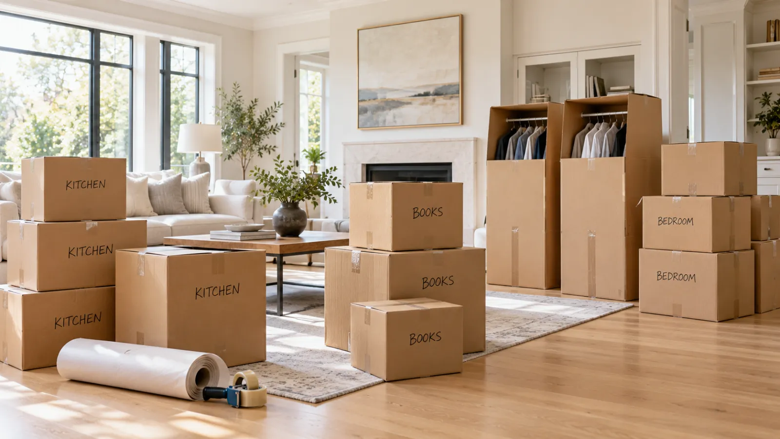 Labeled moving boxes and wardrobe boxes in a living room