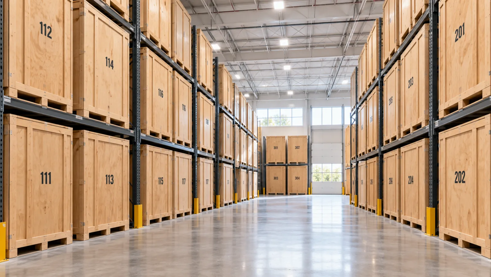 Rows of numbered wooden storage vaults in a warehouse