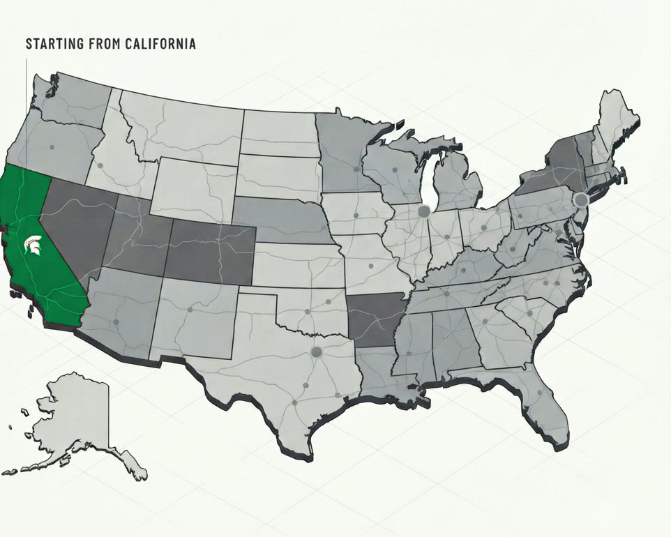 Map of the United States with California highlighted